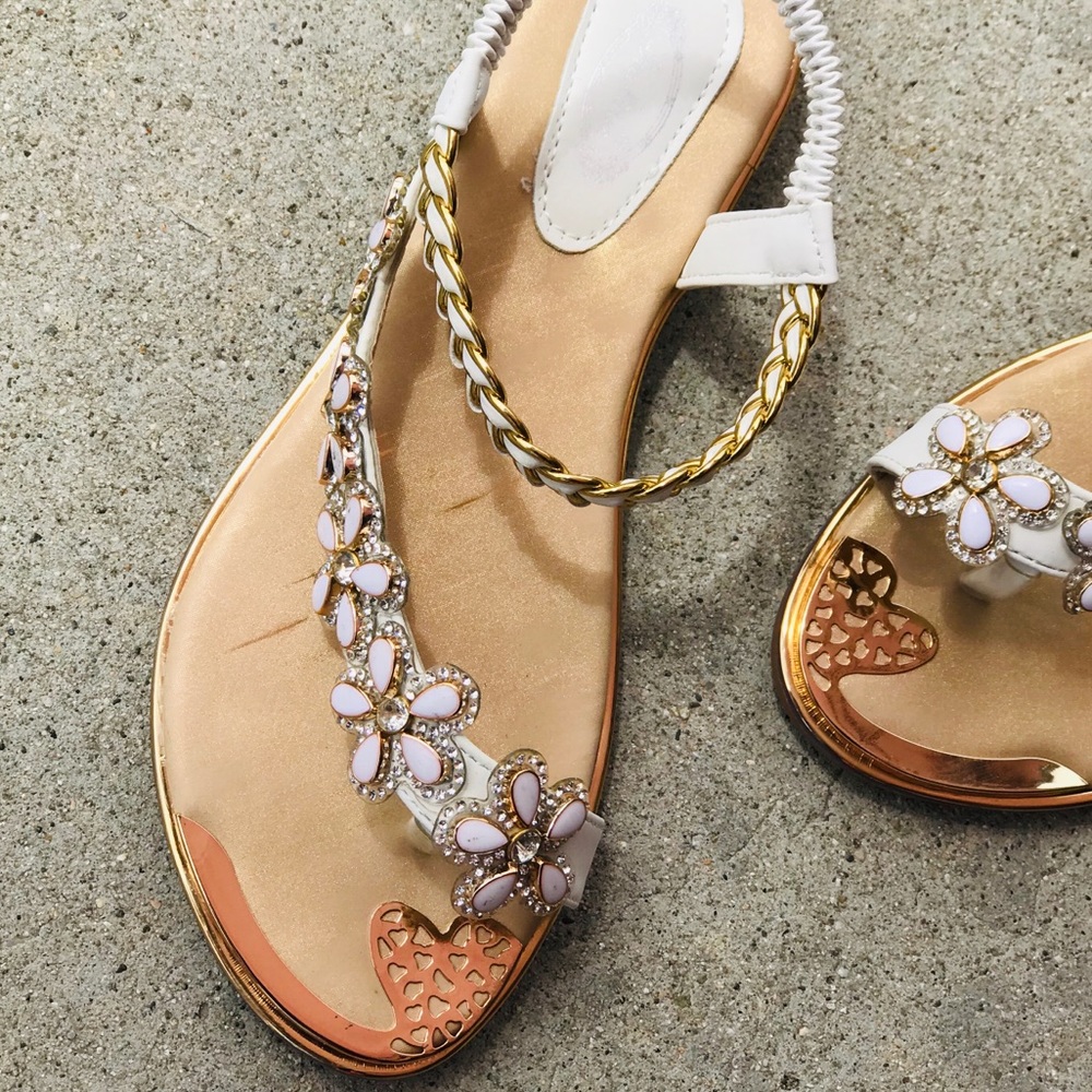 Italina Atalina White & Braided Gold Embellished Between The Toe Floral Sandal - Picture 7 of 8